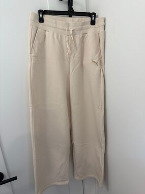 Puma Cream Fleece Wide Leg Track Pants with Gold Logo